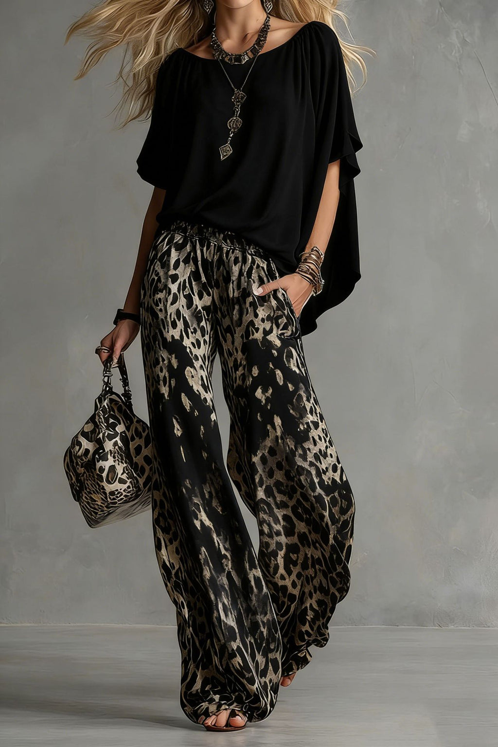 Chiffon Puff-Sleeve Top & Wide-Leg Pants Set