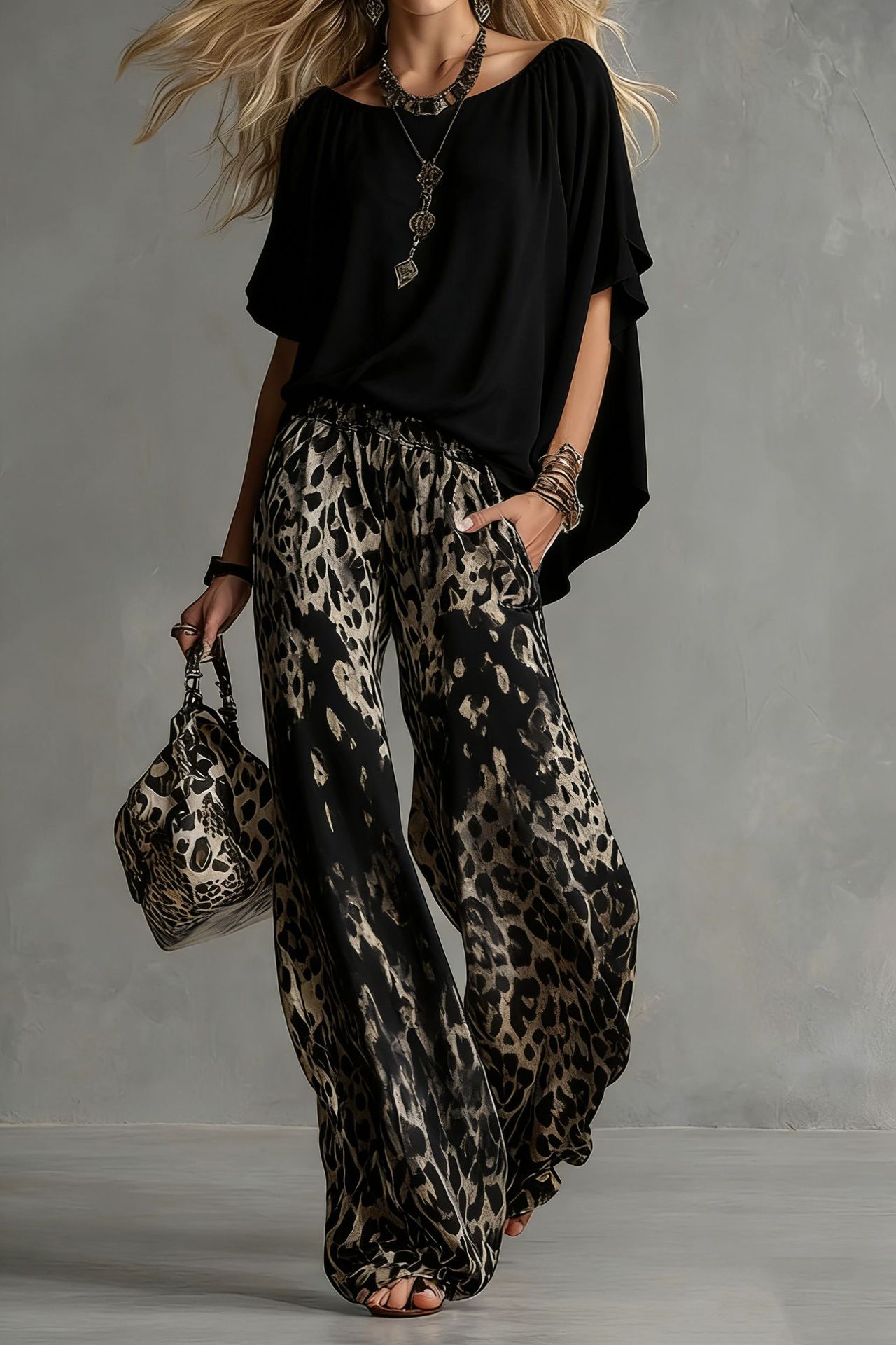 Chiffon Puff-Sleeve Top & Wide-Leg Pants Set