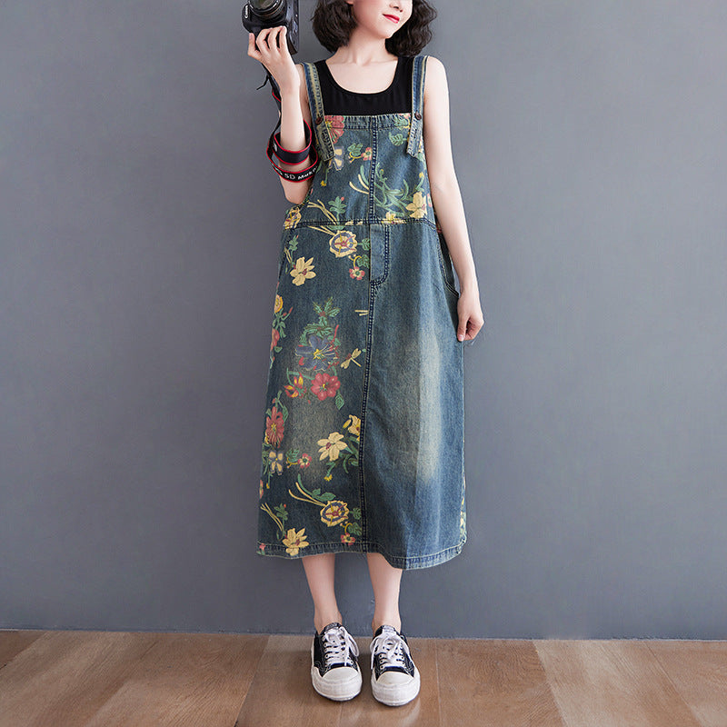Women's Oversized Denim Print Suspender Skirt