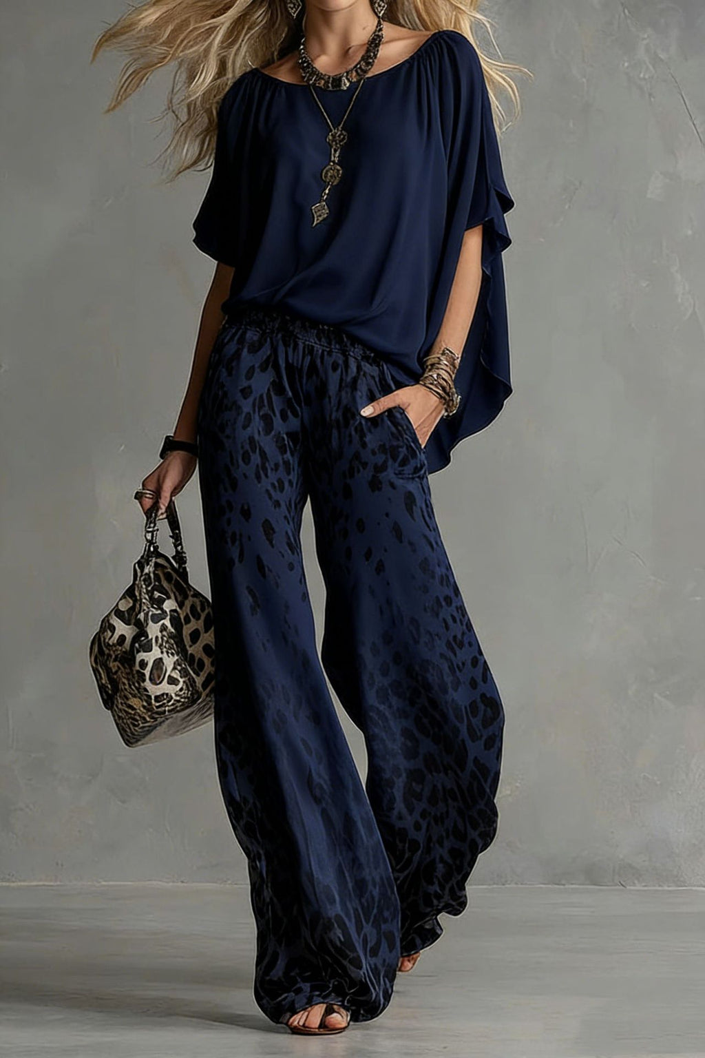 Chiffon Puff-Sleeve Top & Wide-Leg Pants Set
