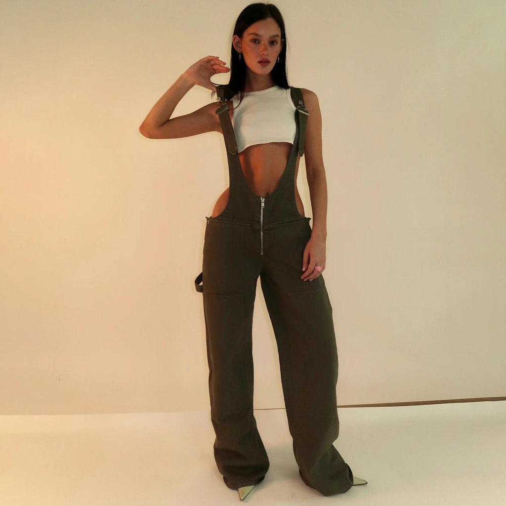 Y2K Denim Overalls - Zipper Suspender Jumpsuit