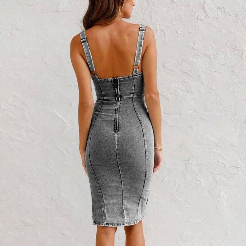 U - neck Suspender Denim Jean Dress - Destiny's Beautiful World