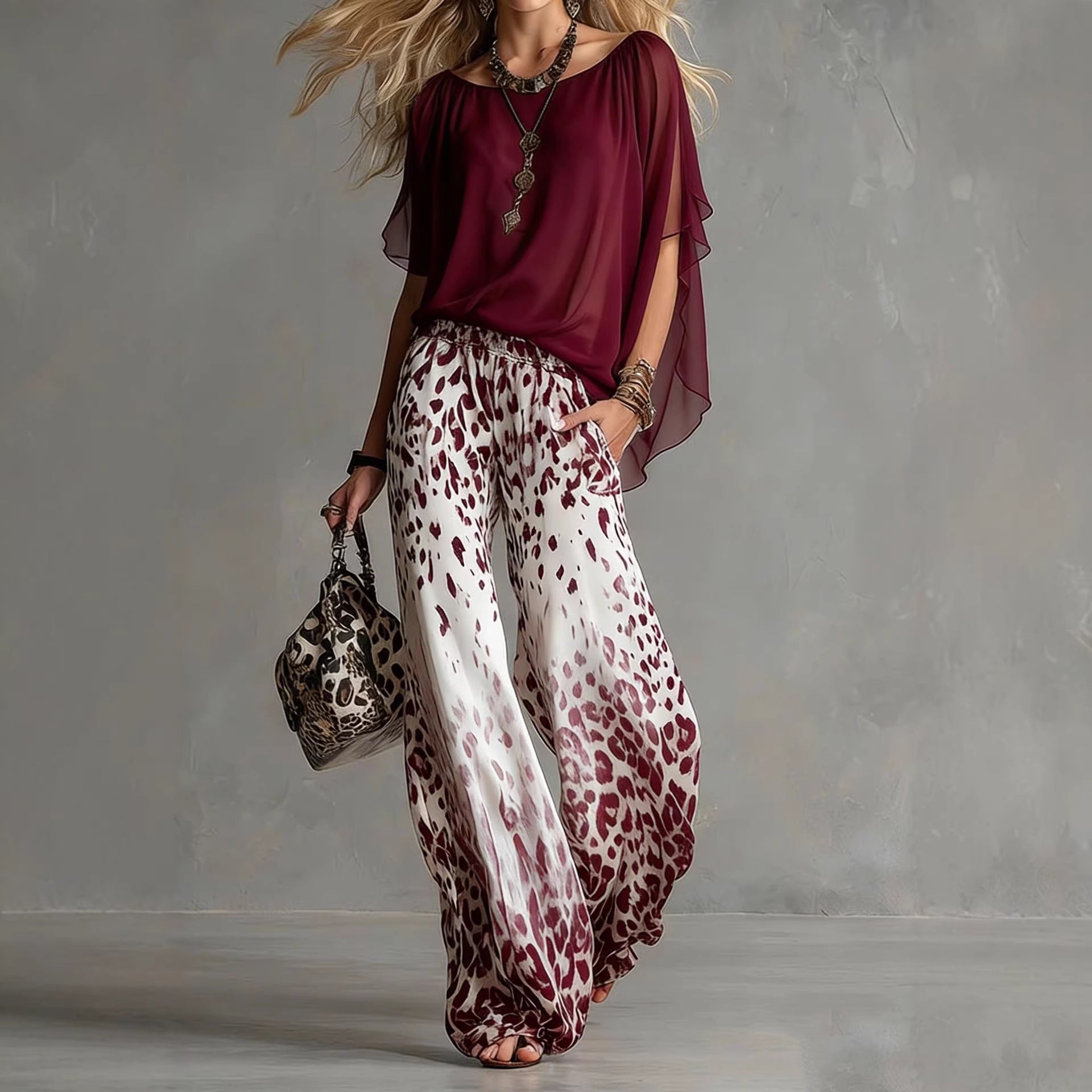 Chiffon Puff-Sleeve Top & Wide-Leg Pants Set