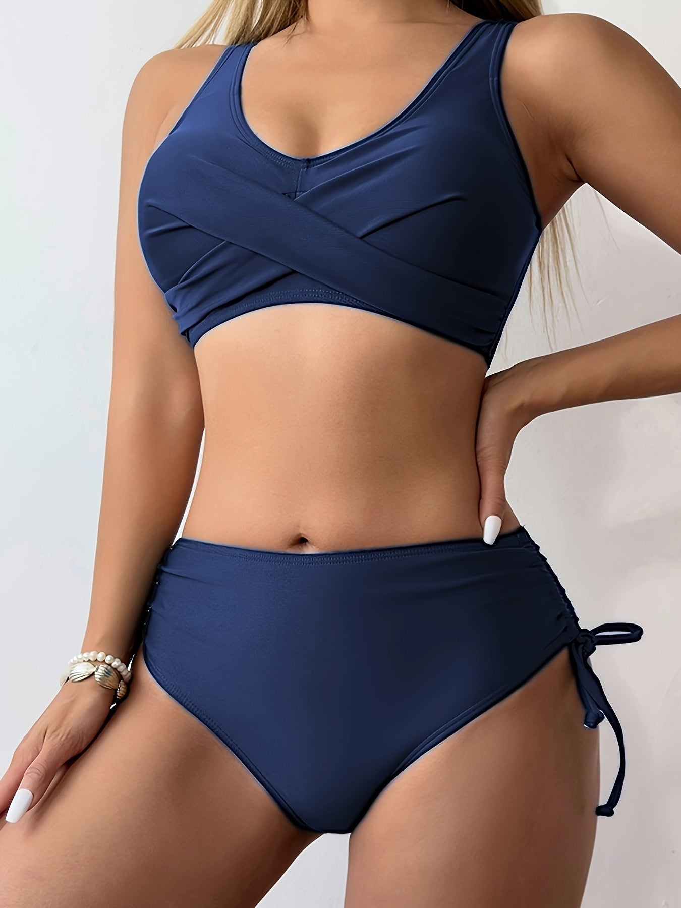 Twist Front V Neck High Waist 2 Piece Bikini Set