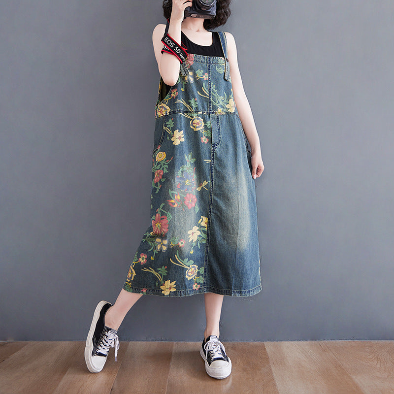 Women's Oversized Denim Print Suspender Skirt