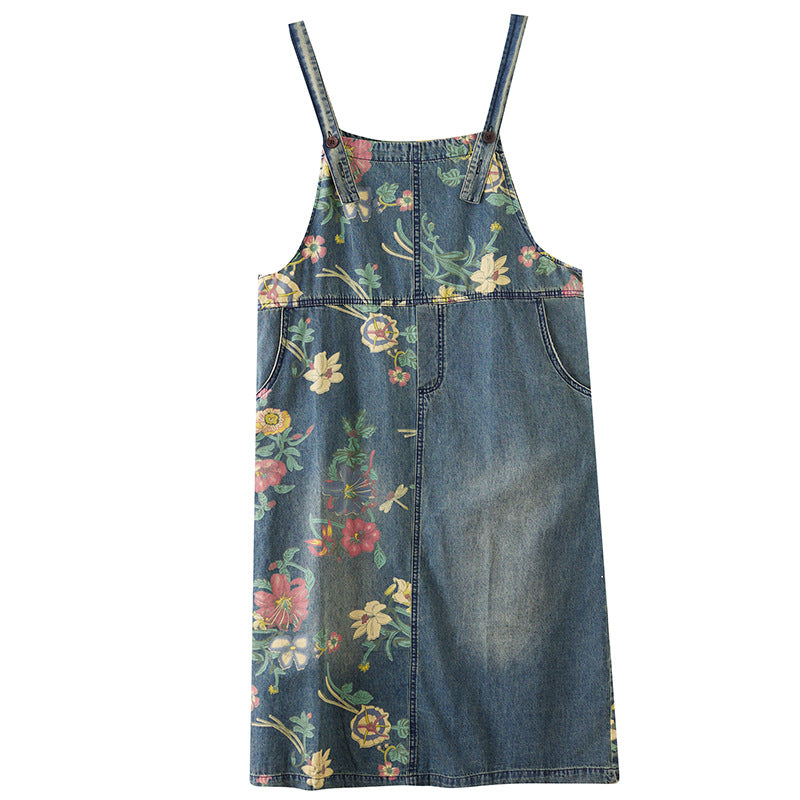 Women's Oversized Denim Print Suspender Skirt