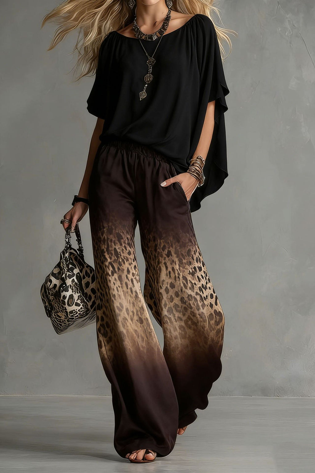 Chiffon Puff-Sleeve Top & Wide-Leg Pants Set