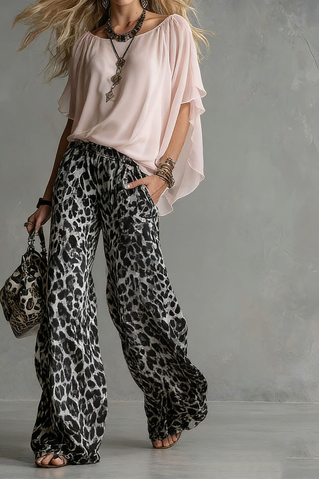 Chiffon Puff-Sleeve Top & Wide-Leg Pants Set