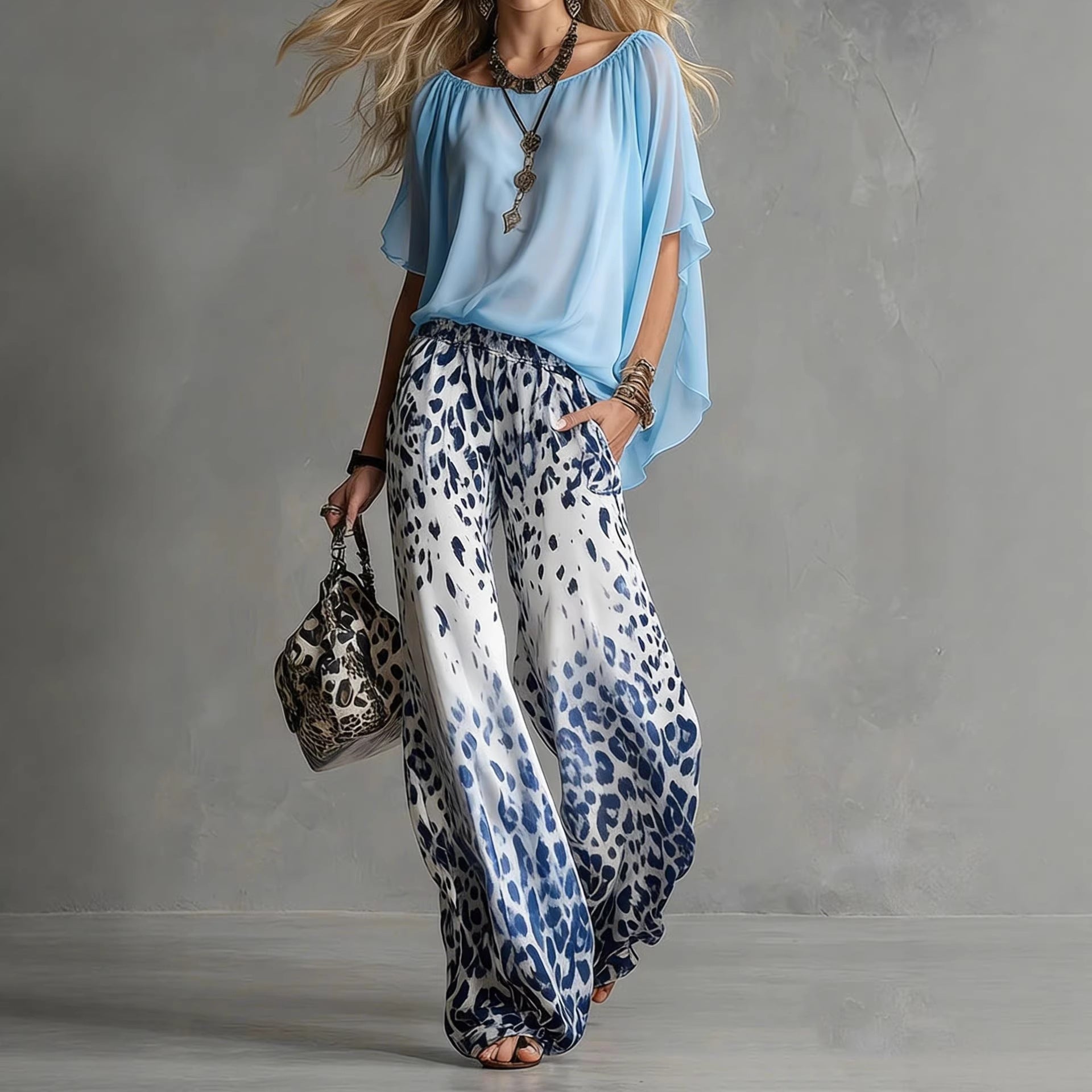 Chiffon Puff-Sleeve Top & Wide-Leg Pants Set