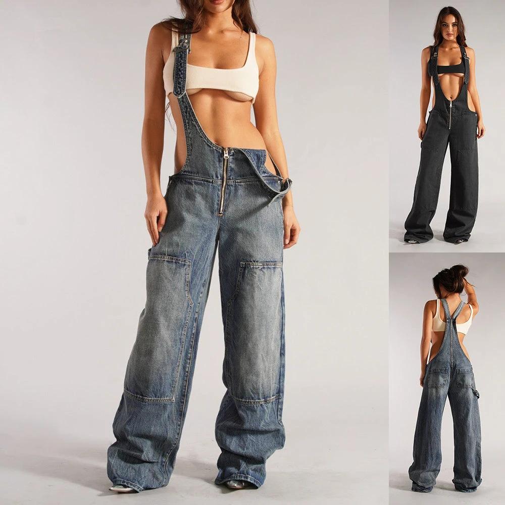 Y2K Denim Overalls - Zipper Suspender Jumpsuit