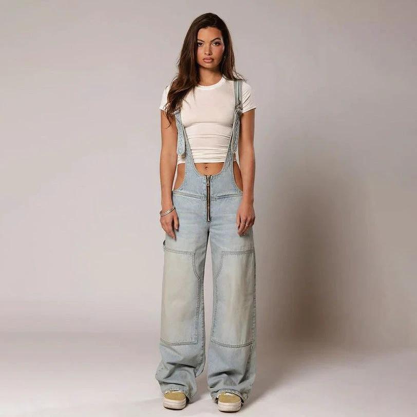 Y2K Denim Overalls - Zipper Suspender Jumpsuit