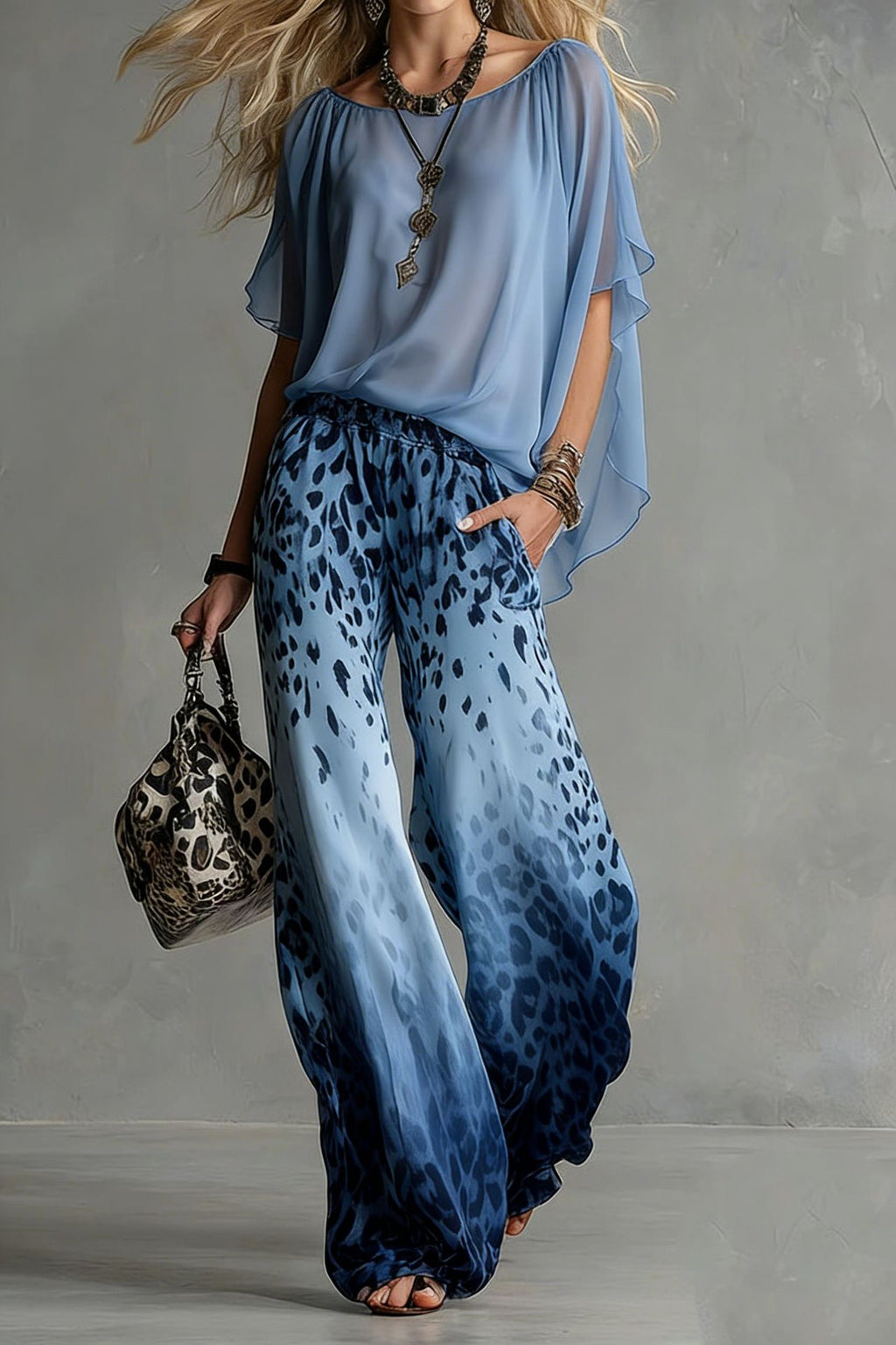 Chiffon Puff-Sleeve Top & Wide-Leg Pants Set