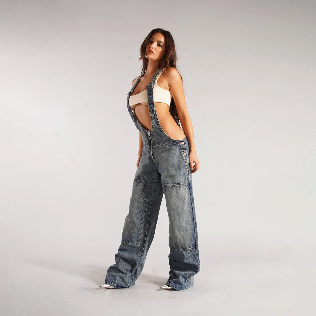 Y2K Denim Overalls - Zipper Suspender Jumpsuit