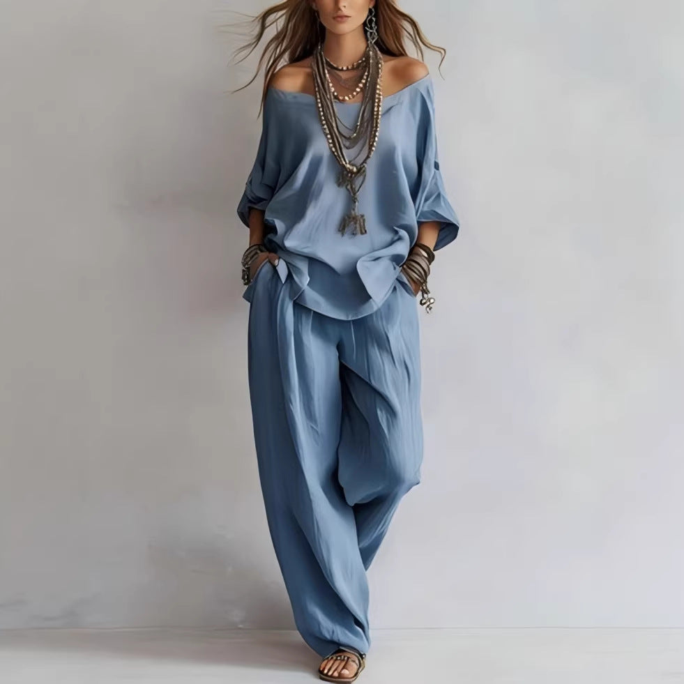 Chiffon Puff-Sleeve Top & Wide-Leg Pants Set