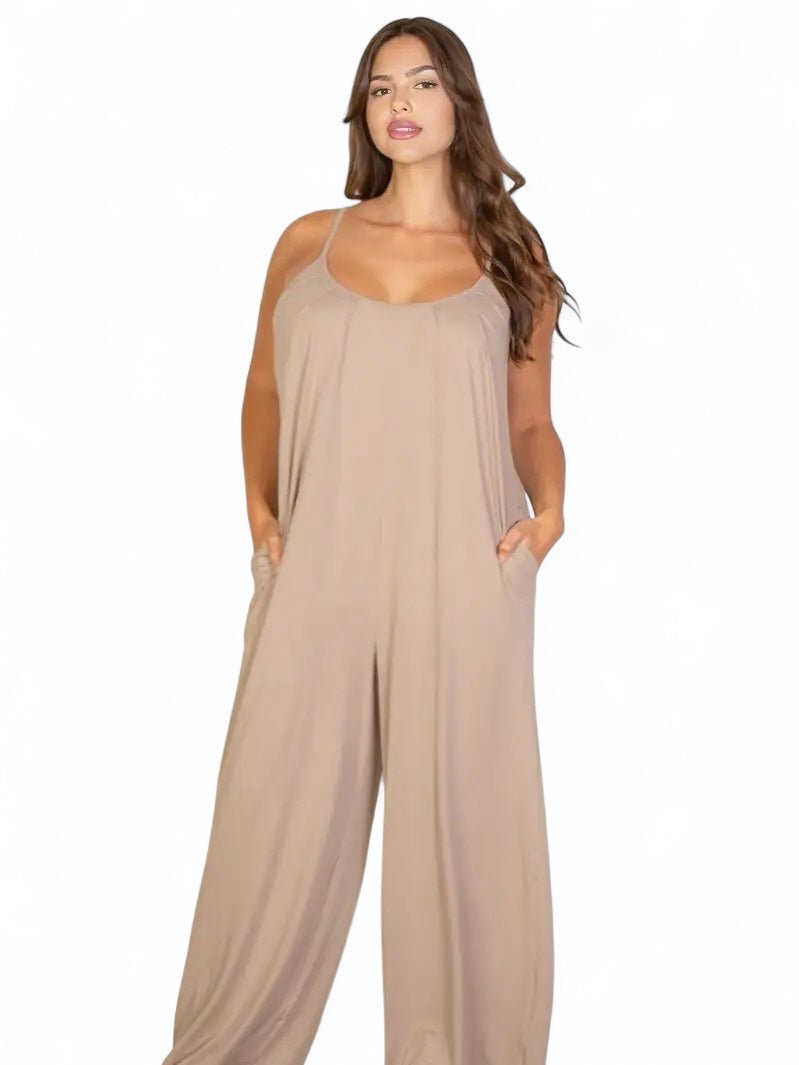 Curvy Spaghetti Strap Solid Wide Jumpsuit {BP5554X} - Destiny's Beautiful World