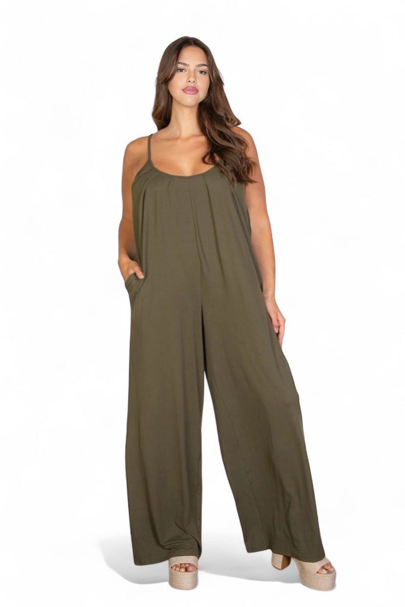 Curvy Spaghetti Strap Solid Wide Jumpsuit {BP5554X} - Destiny's Beautiful World