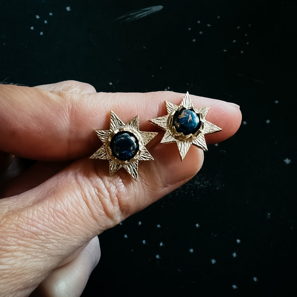 Dark Before the Dawn Sunburst Stud Earrings with Copper Lapis Lazuli - Destiny's Beautiful World