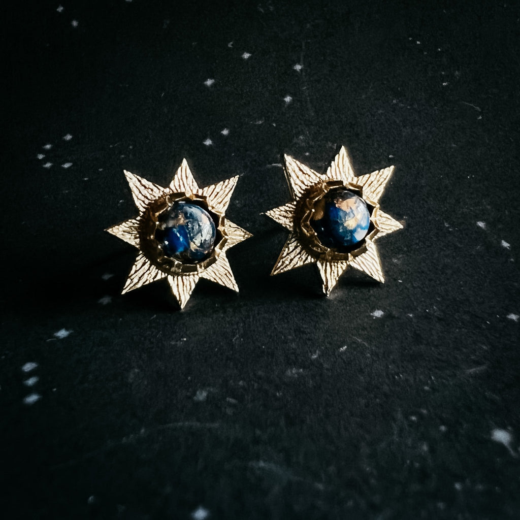 Dark Before the Dawn Sunburst Stud Earrings with Copper Lapis Lazuli - Destiny's Beautiful World