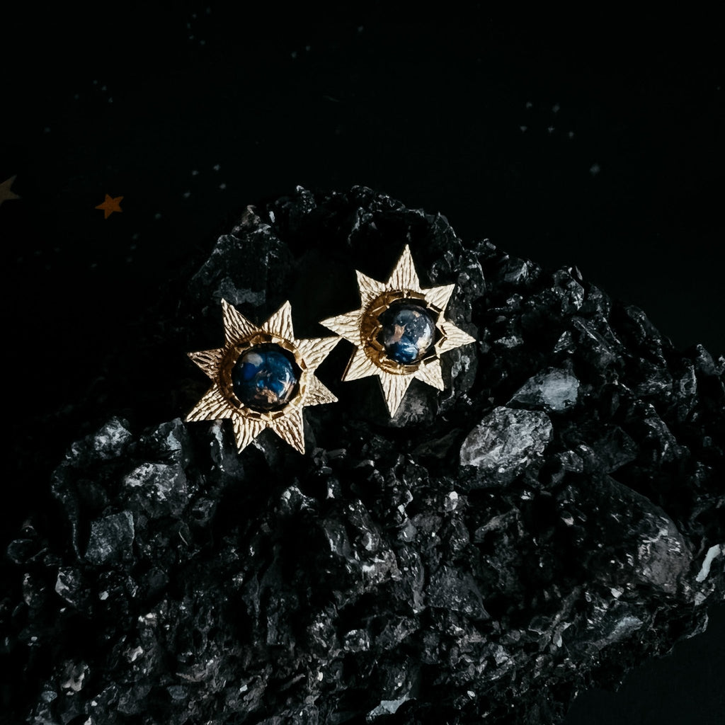 Dark Before the Dawn Sunburst Stud Earrings with Copper Lapis Lazuli - Destiny's Beautiful World