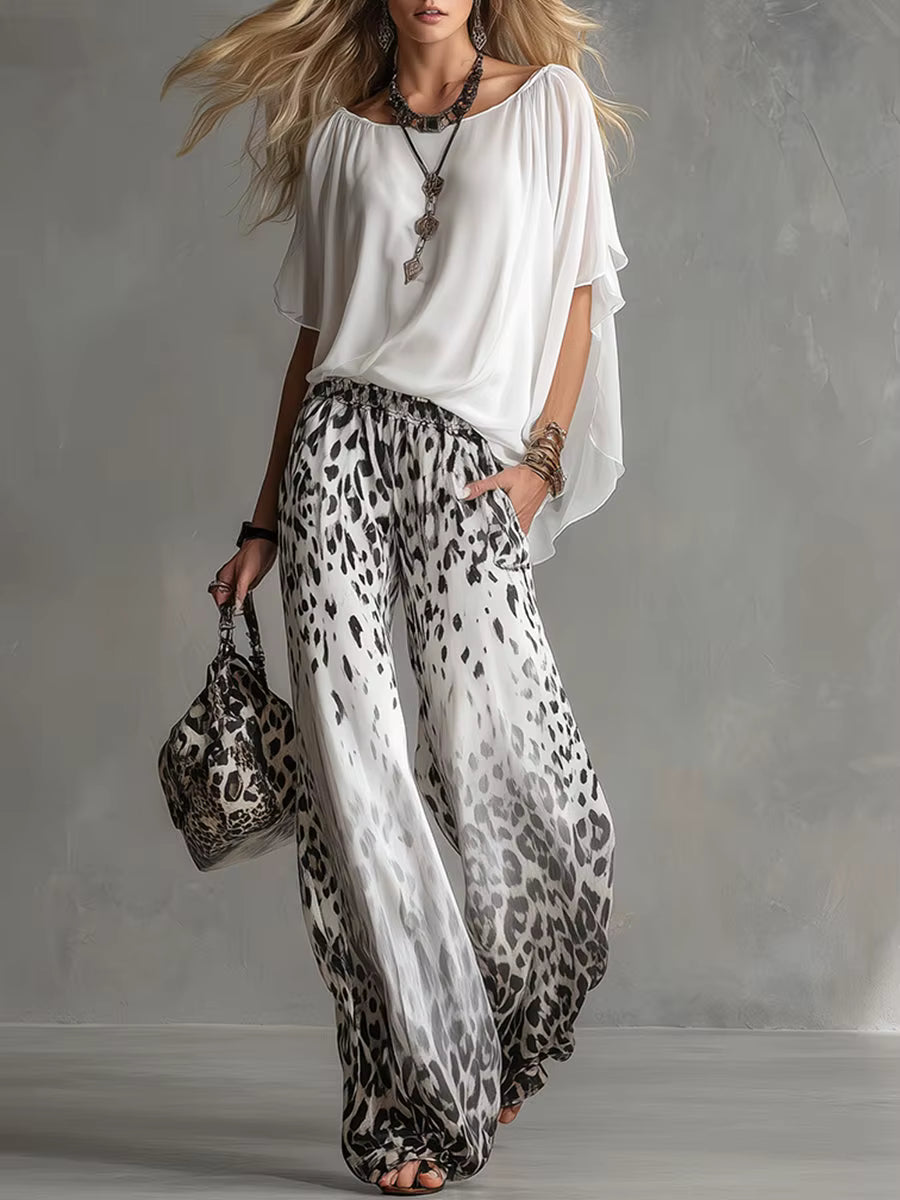 Chiffon Puff-Sleeve Top & Wide-Leg Pants Set