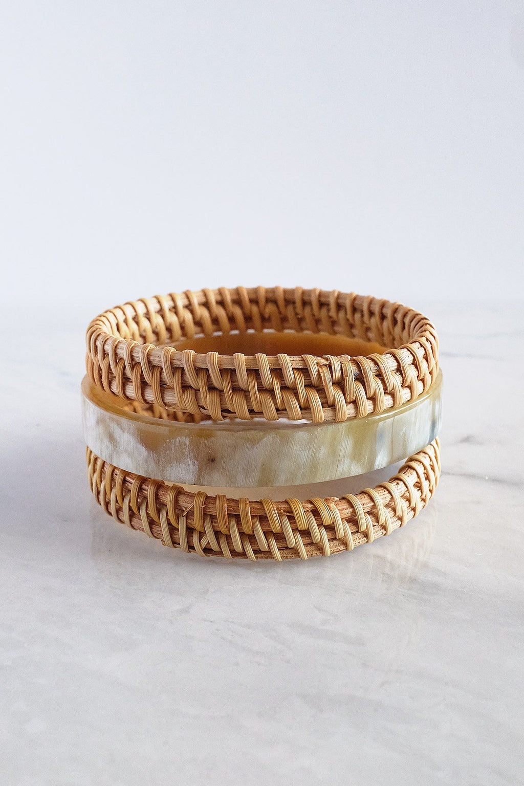 Buffalo Horn & Handwoven Rattan Bangle Bracelets (3pcs) - Destiny's Beautiful World
