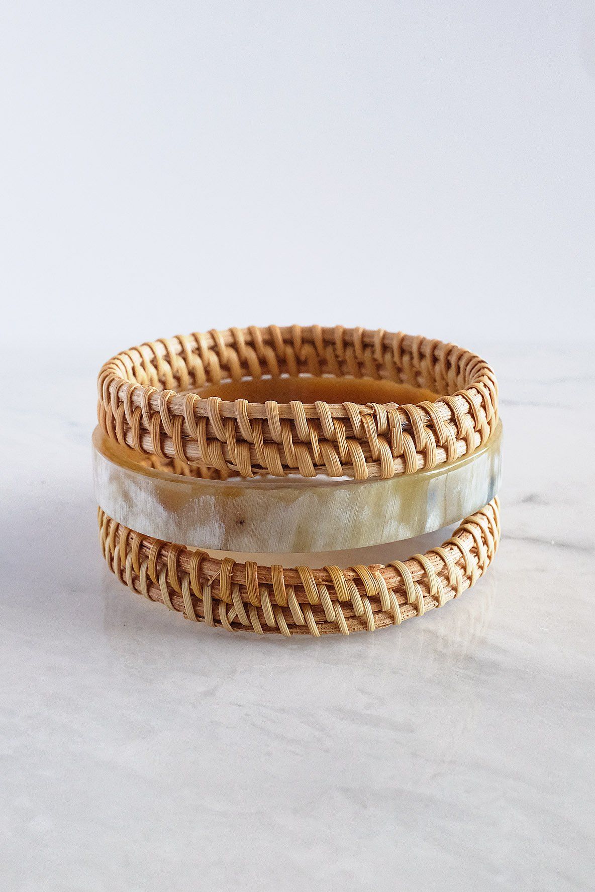 Buffalo Horn & Handwoven Rattan Bangle Bracelets (3pcs) - Destiny's Beautiful World