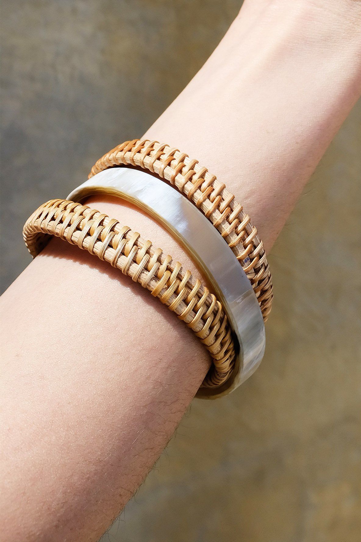 Buffalo Horn & Handwoven Rattan Bangle Bracelets (3pcs) - Destiny's Beautiful World