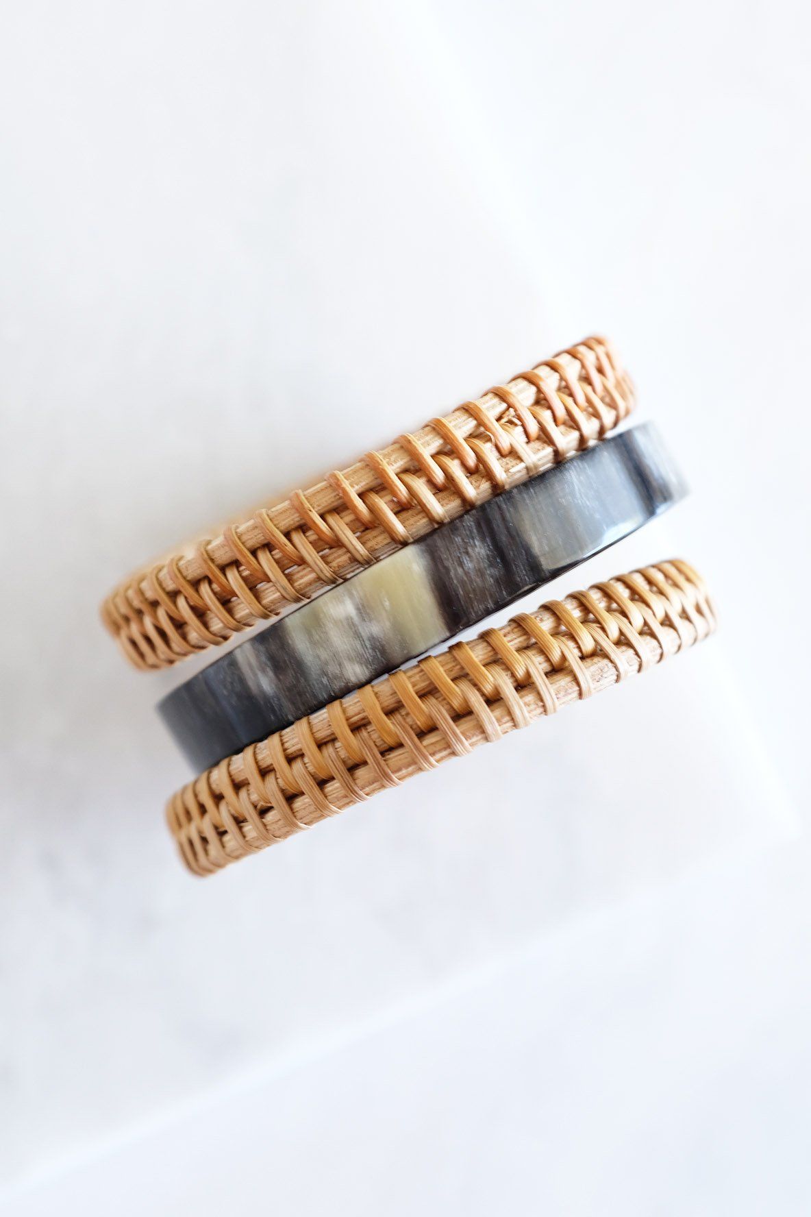 Buffalo Horn & Handwoven Rattan Bangle Bracelets (3pcs) - Destiny's Beautiful World