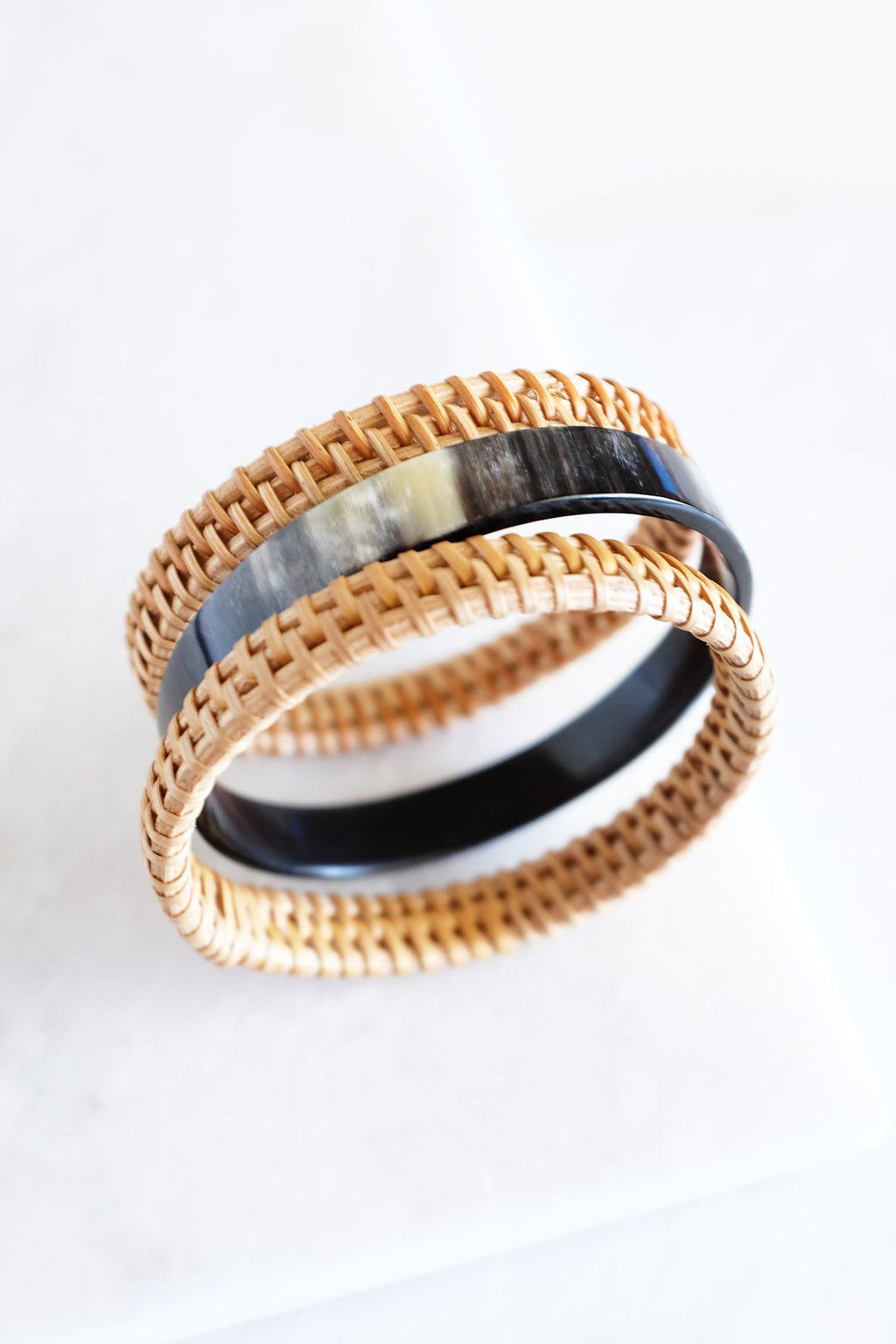 Buffalo Horn & Handwoven Rattan Bangle Bracelets (3pcs) - Destiny's Beautiful World