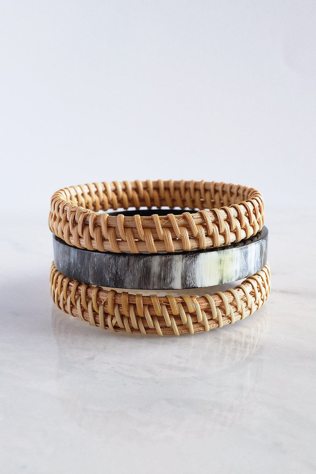 Buffalo Horn & Handwoven Rattan Bangle Bracelets (3pcs) - Destiny's Beautiful World
