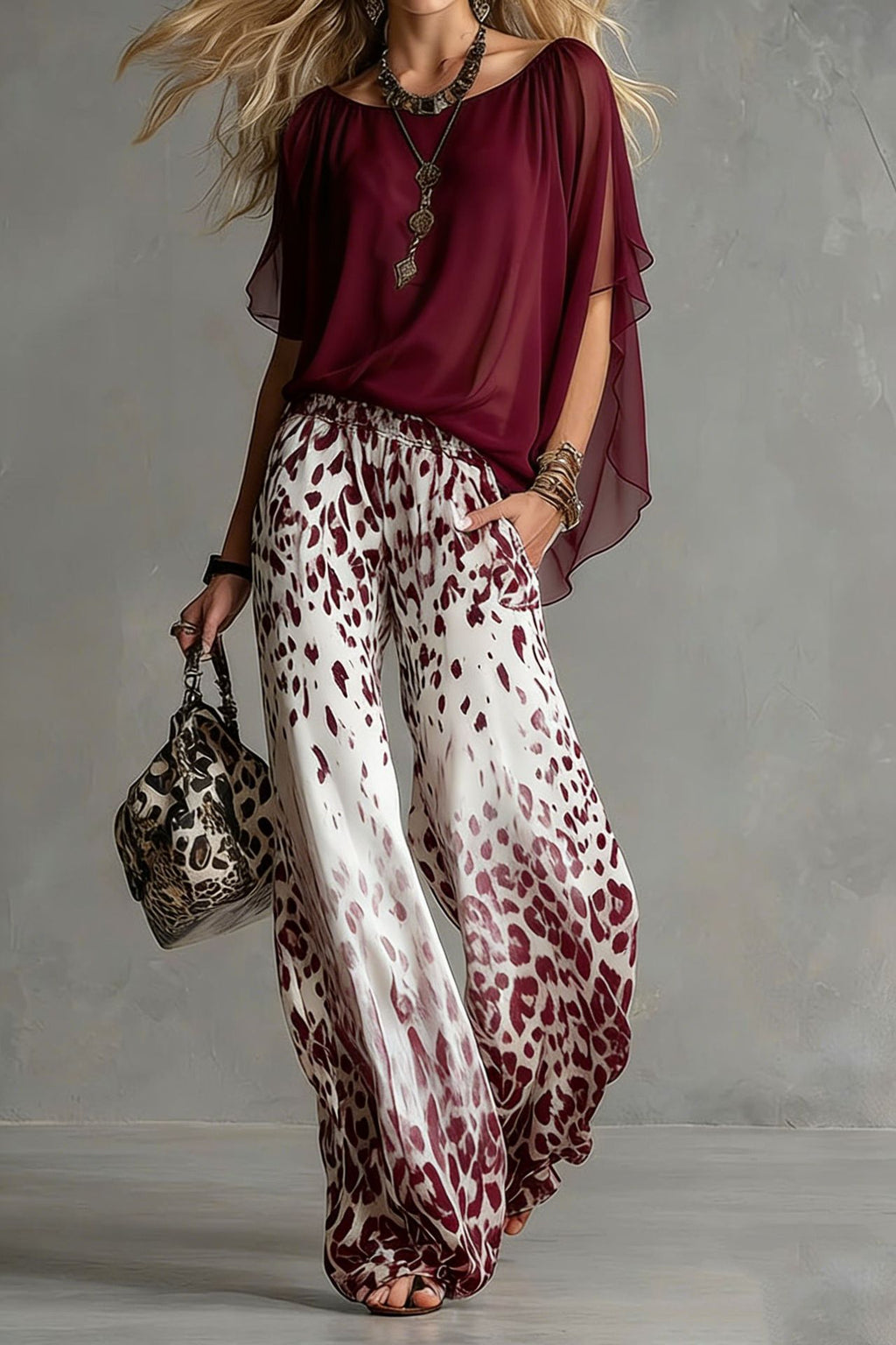 Chiffon Puff-Sleeve Top & Wide-Leg Pants Set