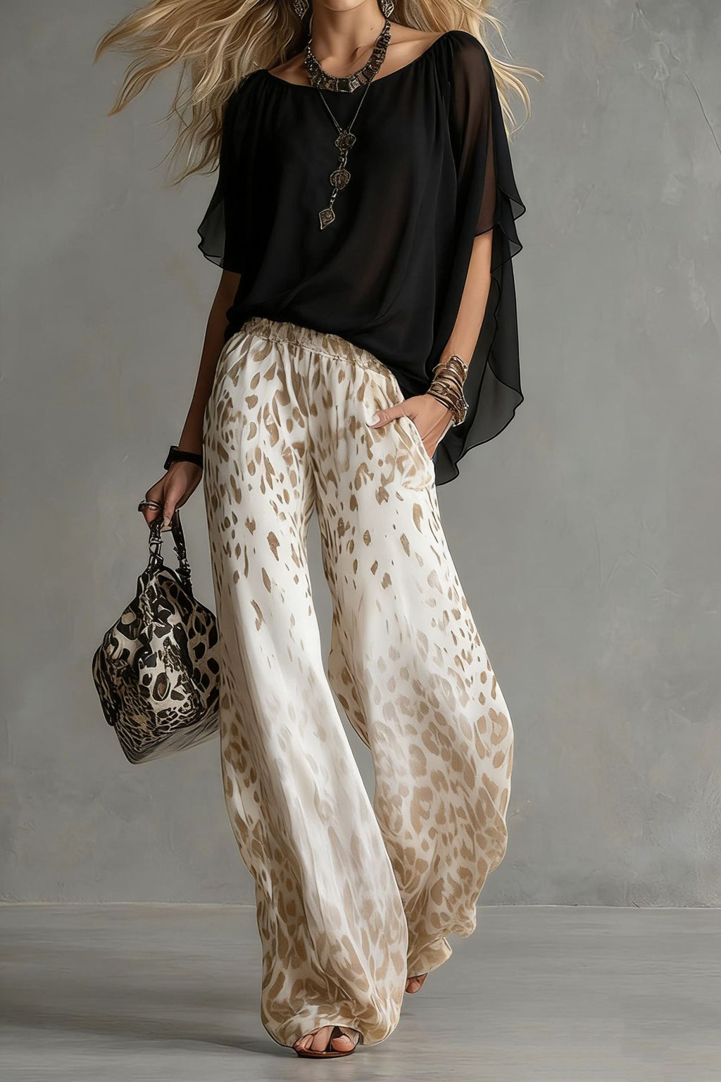 Chiffon Puff-Sleeve Top & Wide-Leg Pants Set