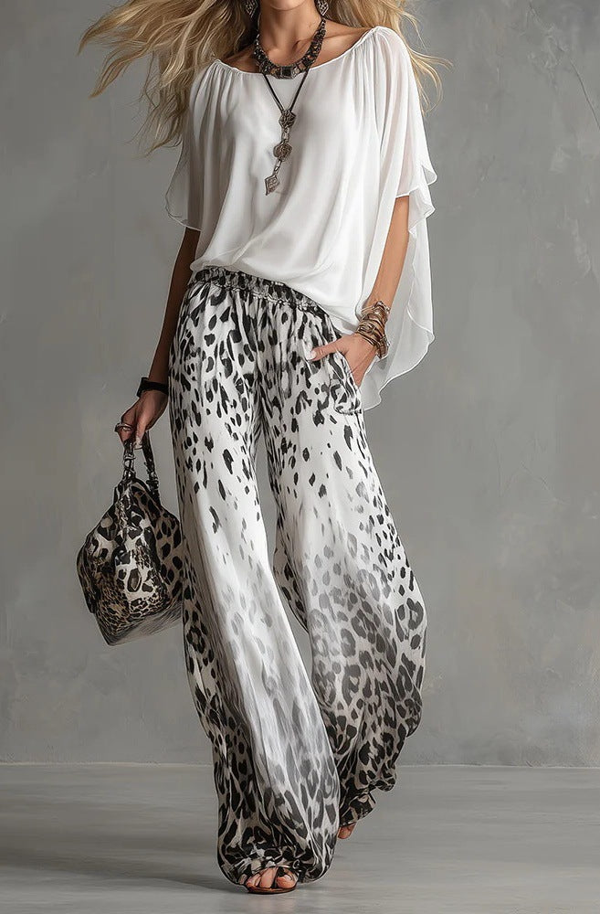 Chiffon Puff-Sleeve Top & Wide-Leg Pants Set
