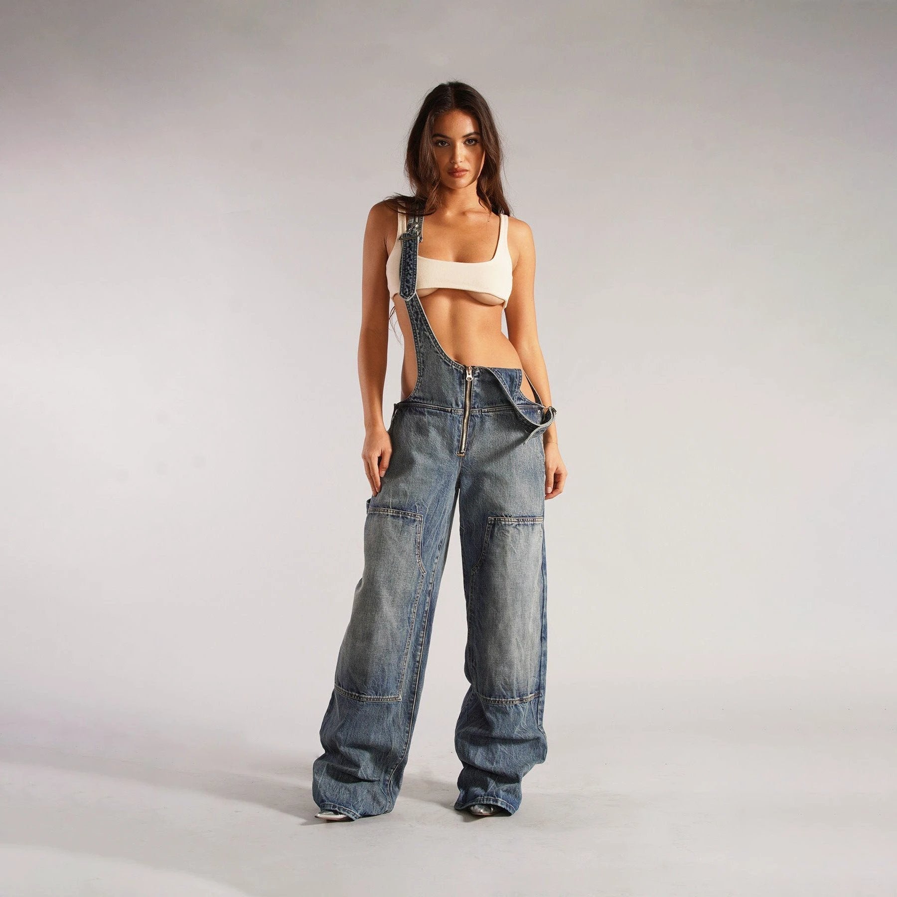 Y2K Denim Overalls - Zipper Suspender Jumpsuit