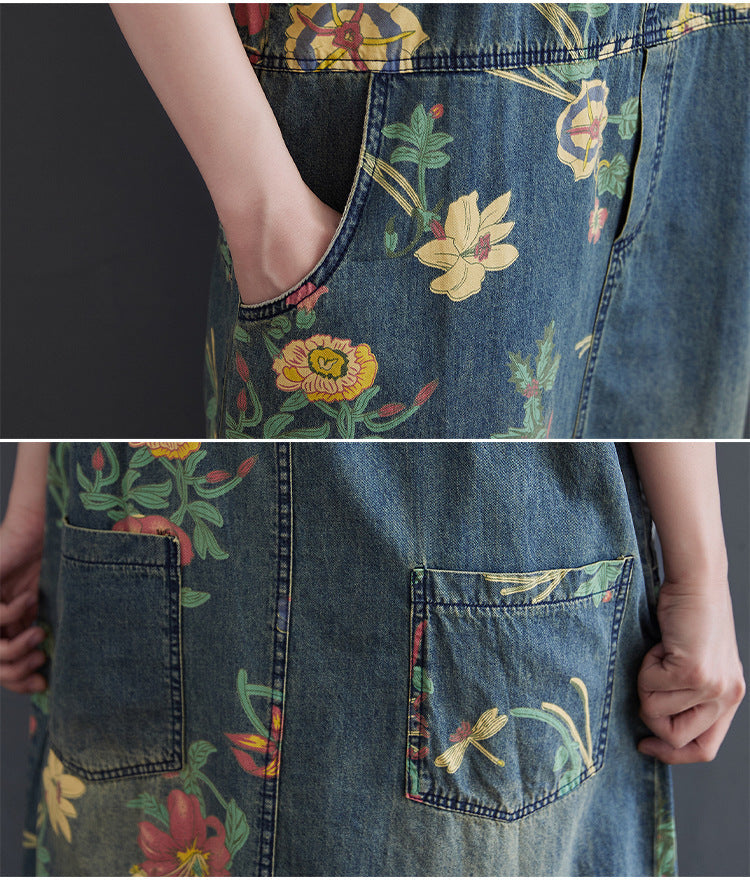 Women's Oversized Denim Print Suspender Skirt