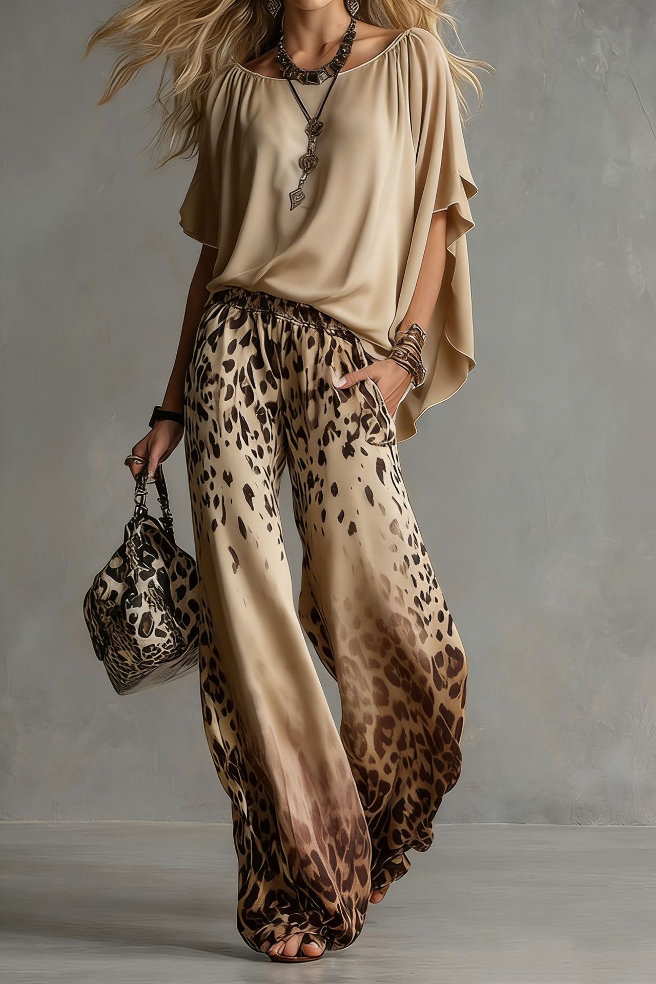 Chiffon Puff-Sleeve Top & Wide-Leg Pants Set
