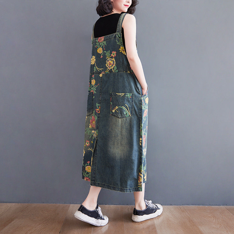 Women's Oversized Denim Print Suspender Skirt