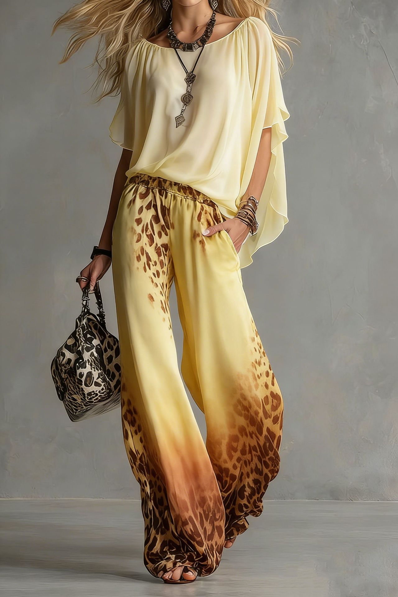 Chiffon Puff-Sleeve Top & Wide-Leg Pants Set