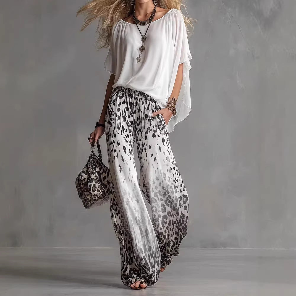 Chiffon Puff-Sleeve Top & Wide-Leg Pants Set