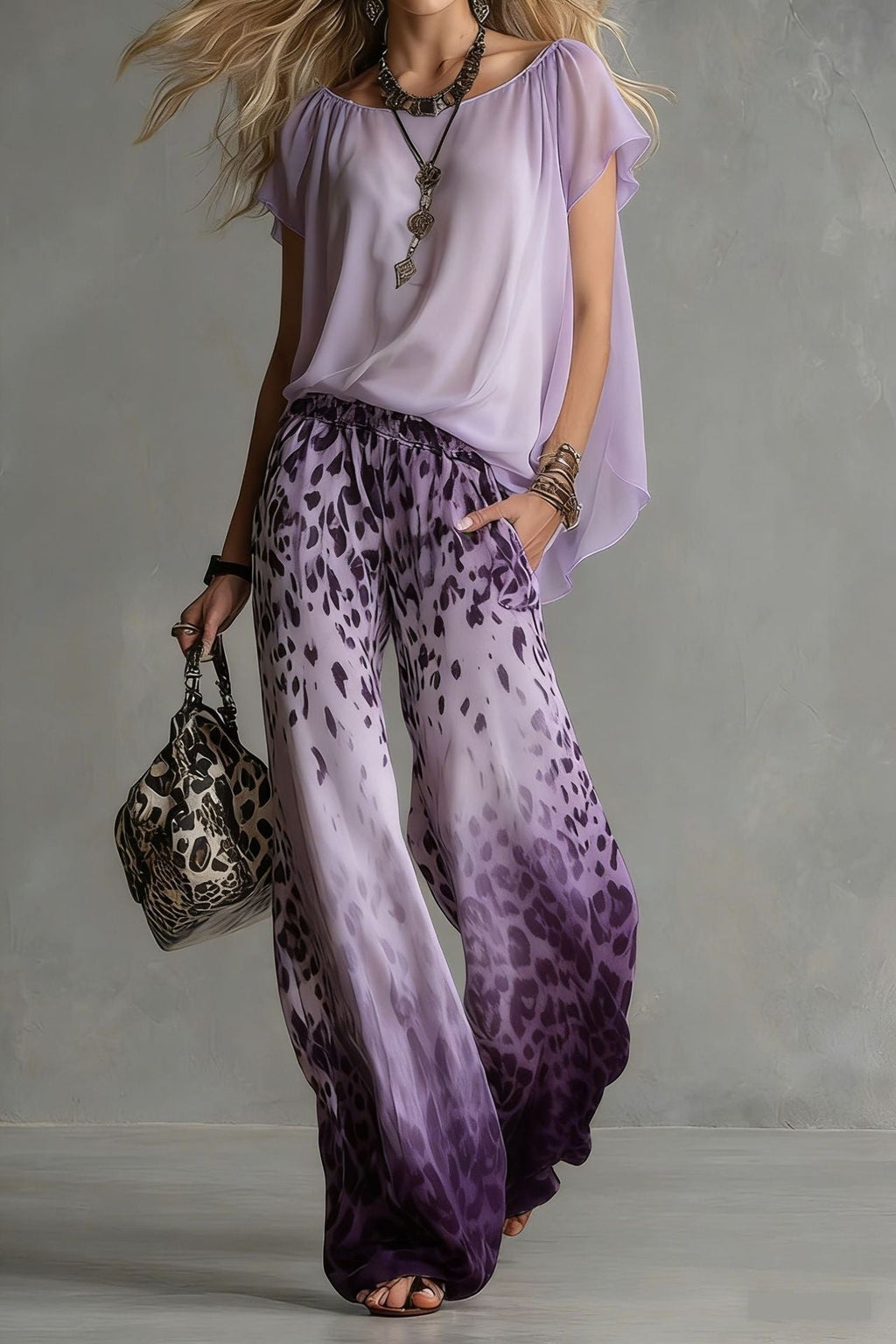 Chiffon Puff-Sleeve Top & Wide-Leg Pants Set
