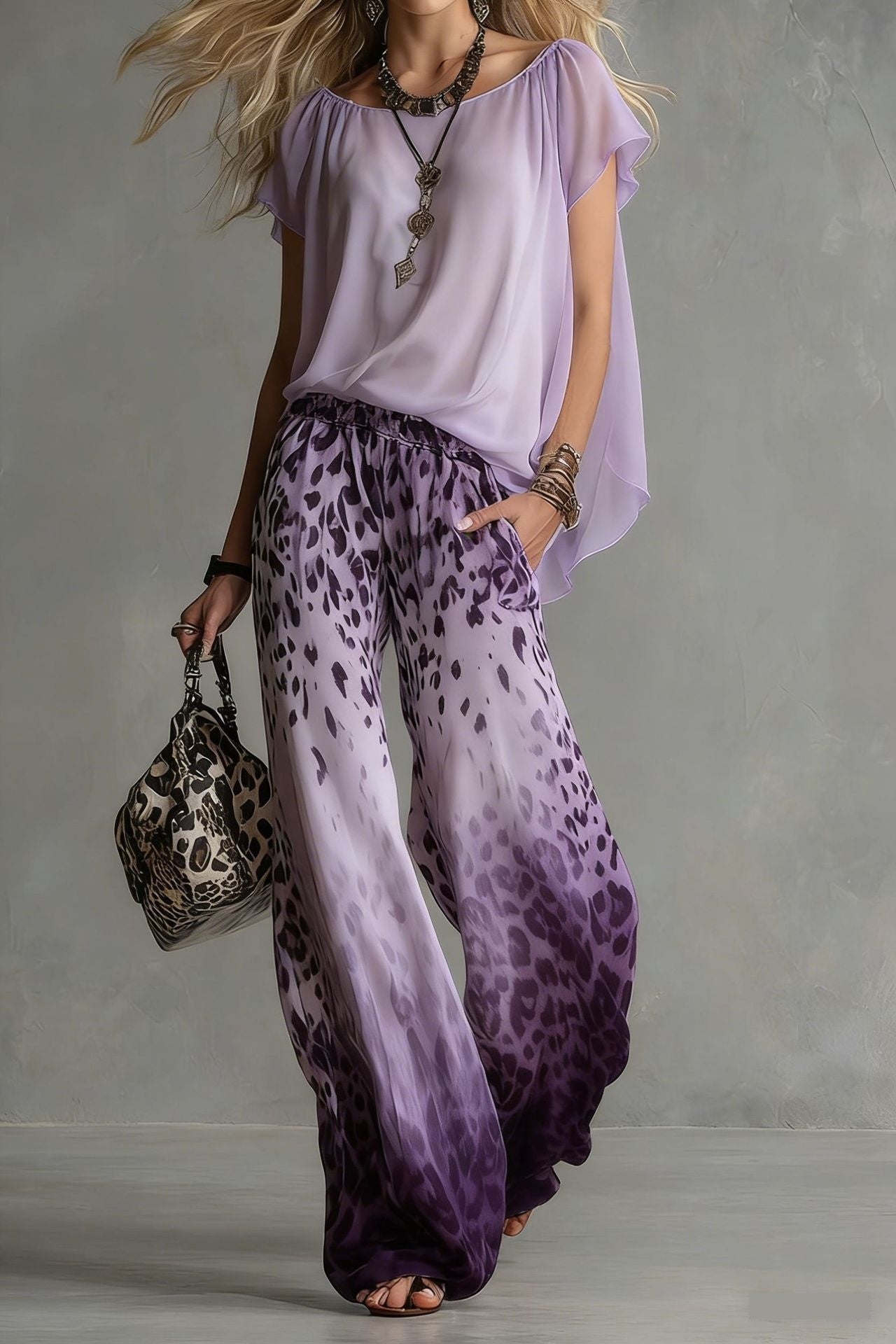 Chiffon Puff-Sleeve Top & Wide-Leg Pants Set