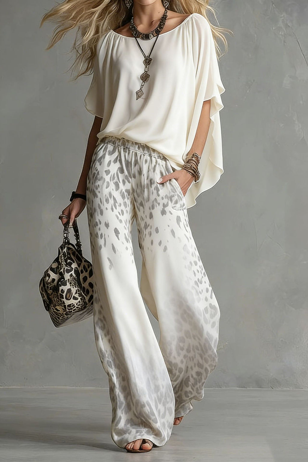 Chiffon Puff-Sleeve Top & Wide-Leg Pants Set