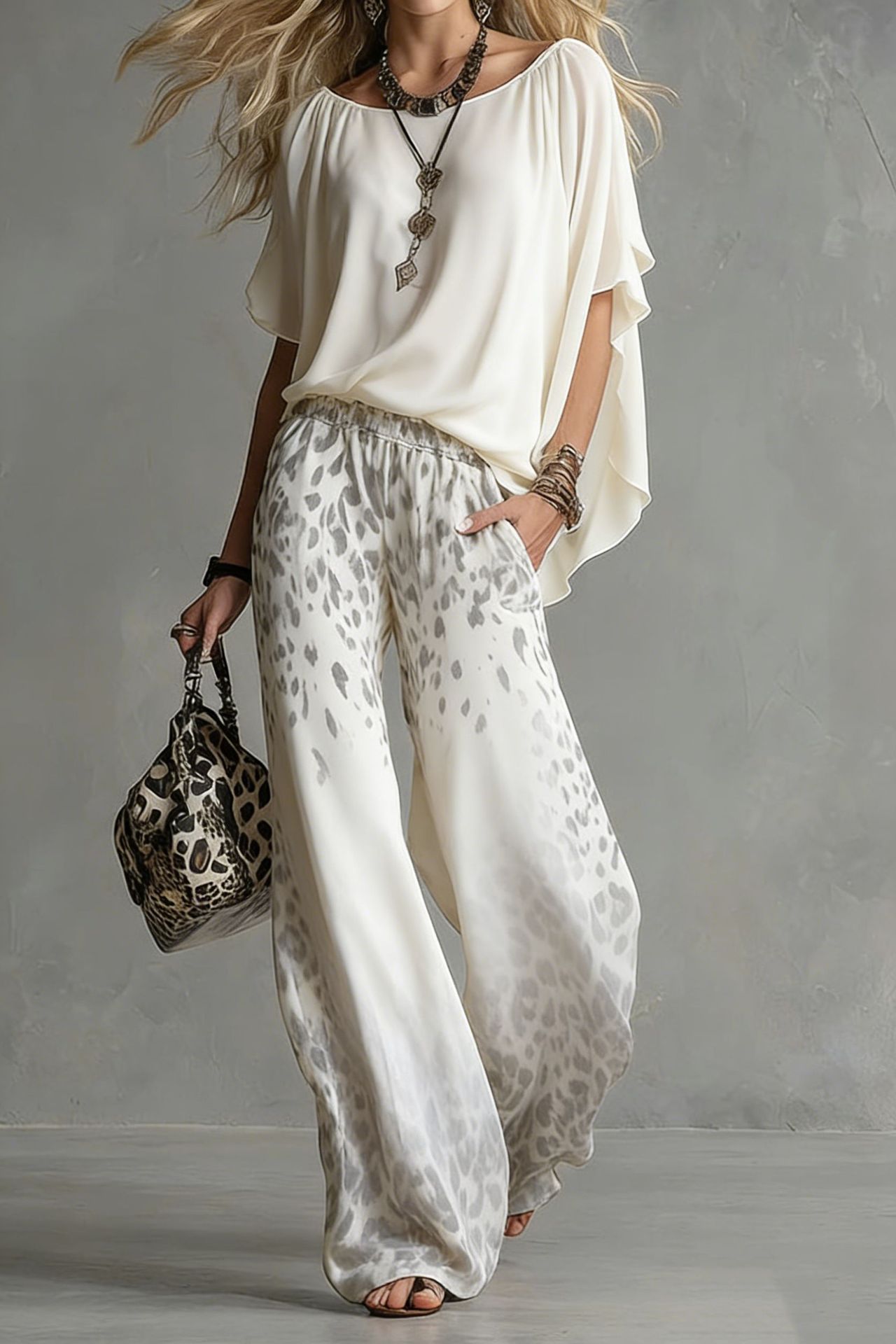 Chiffon Puff-Sleeve Top & Wide-Leg Pants Set
