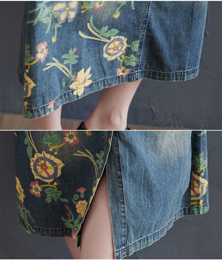 Women's Oversized Denim Print Suspender Skirt