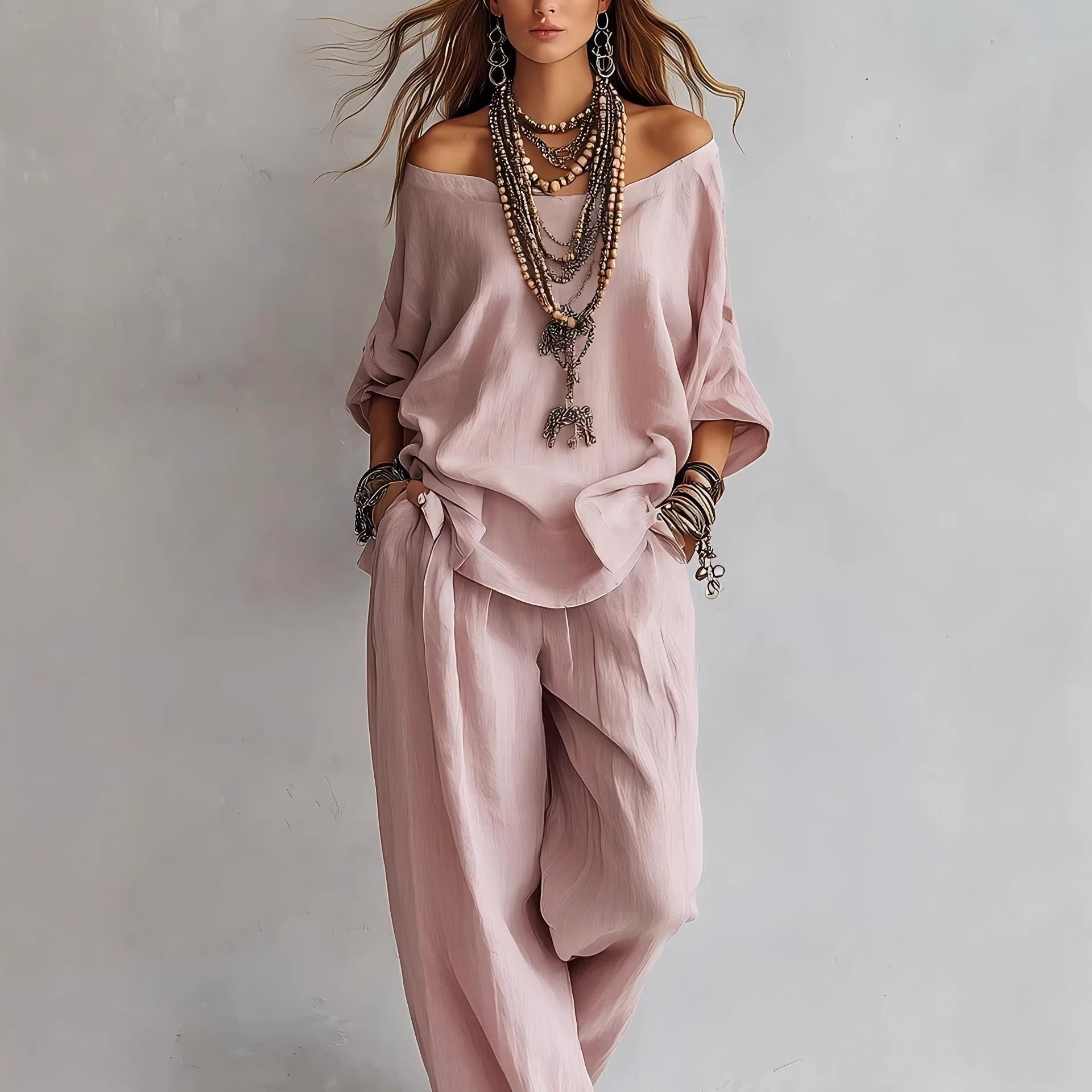 Chiffon Puff-Sleeve Top & Wide-Leg Pants Set