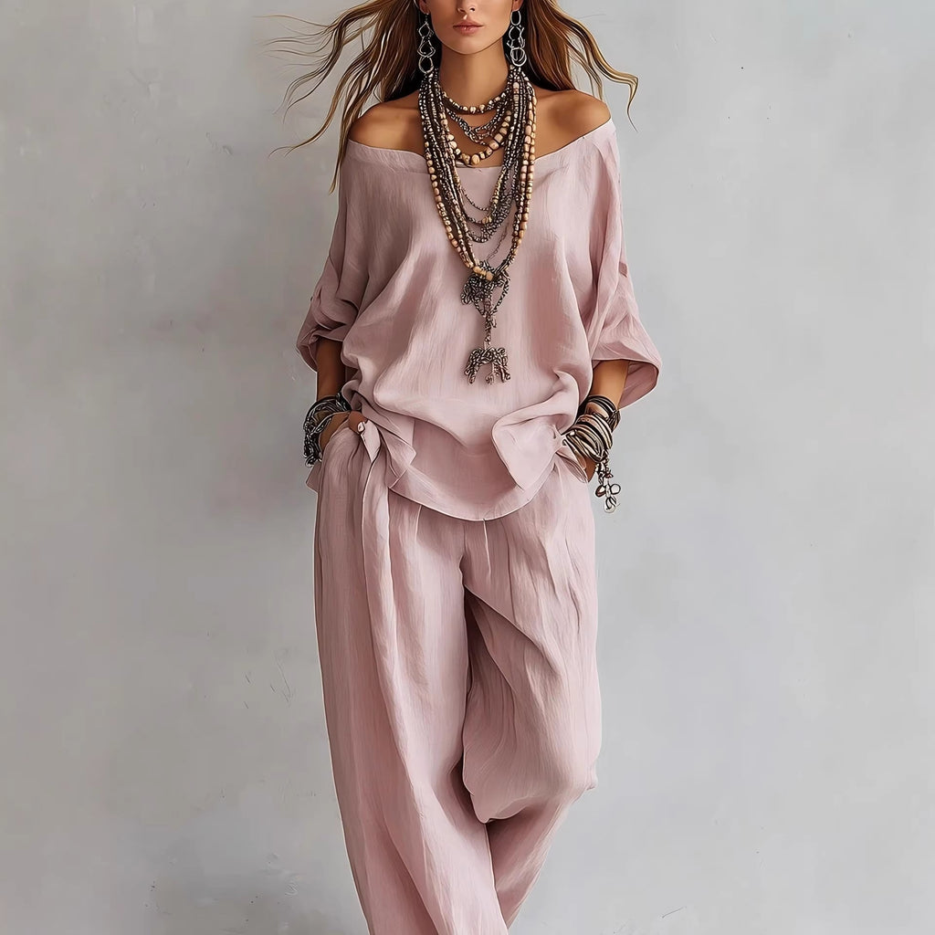 Chiffon Puff-Sleeve Top & Wide-Leg Pants Set