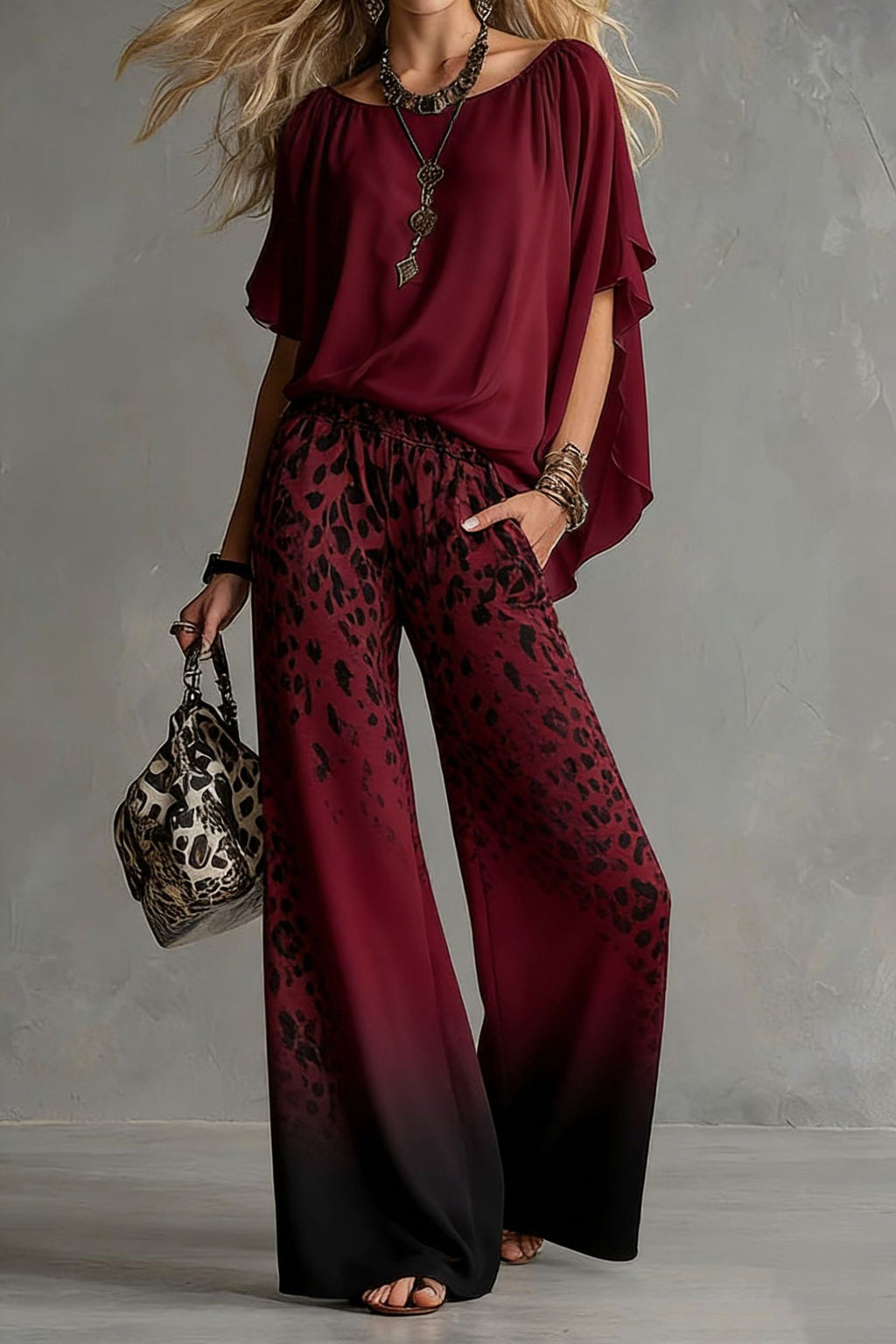 Chiffon Puff-Sleeve Top & Wide-Leg Pants Set