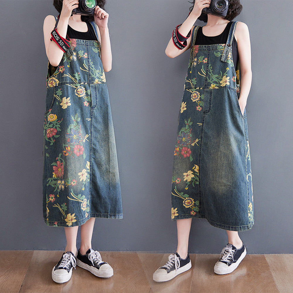 Women's Oversized Denim Print Suspender Skirt