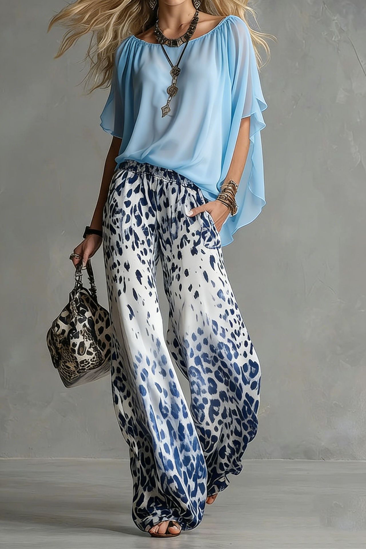 Chiffon Puff-Sleeve Top & Wide-Leg Pants Set