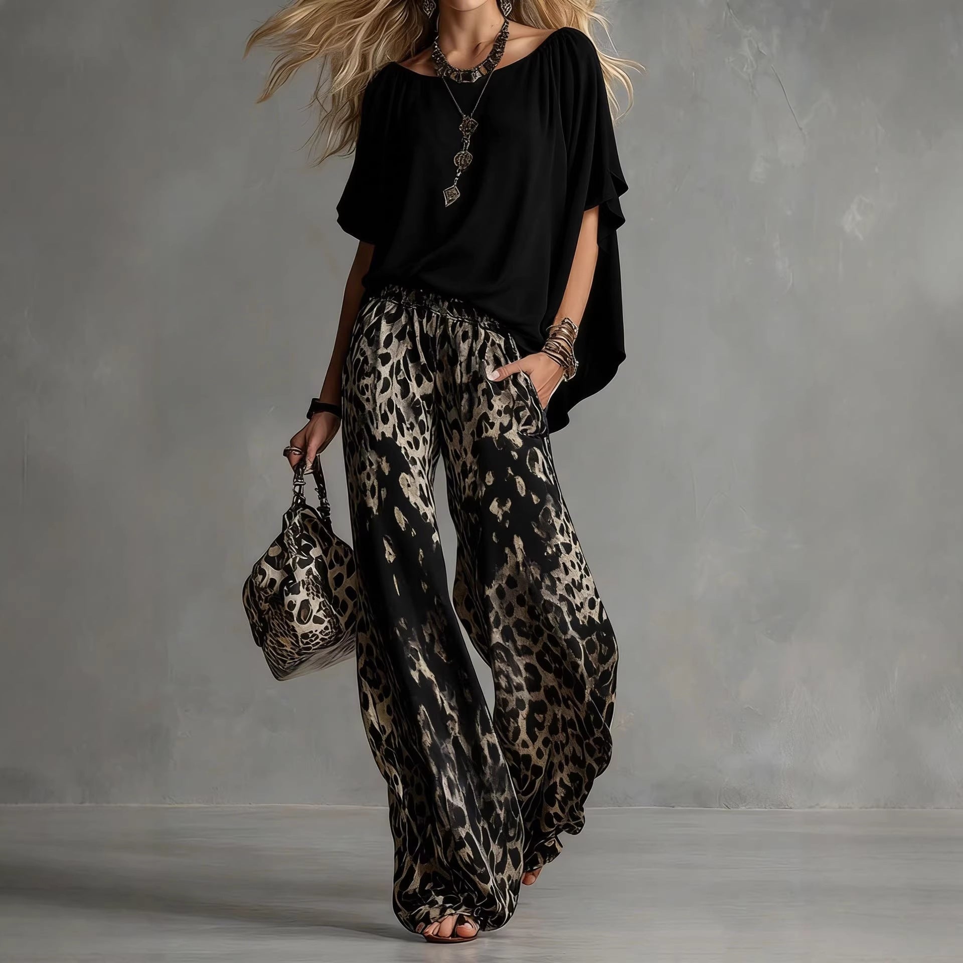 Chiffon Puff-Sleeve Top & Wide-Leg Pants Set